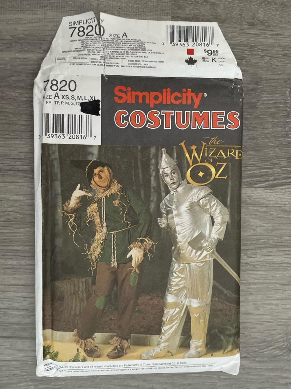 UNCUT Simplicity 7820 Wizard of Oz Tinman/Scarecrow Costume Sewing Pattern XS-XL